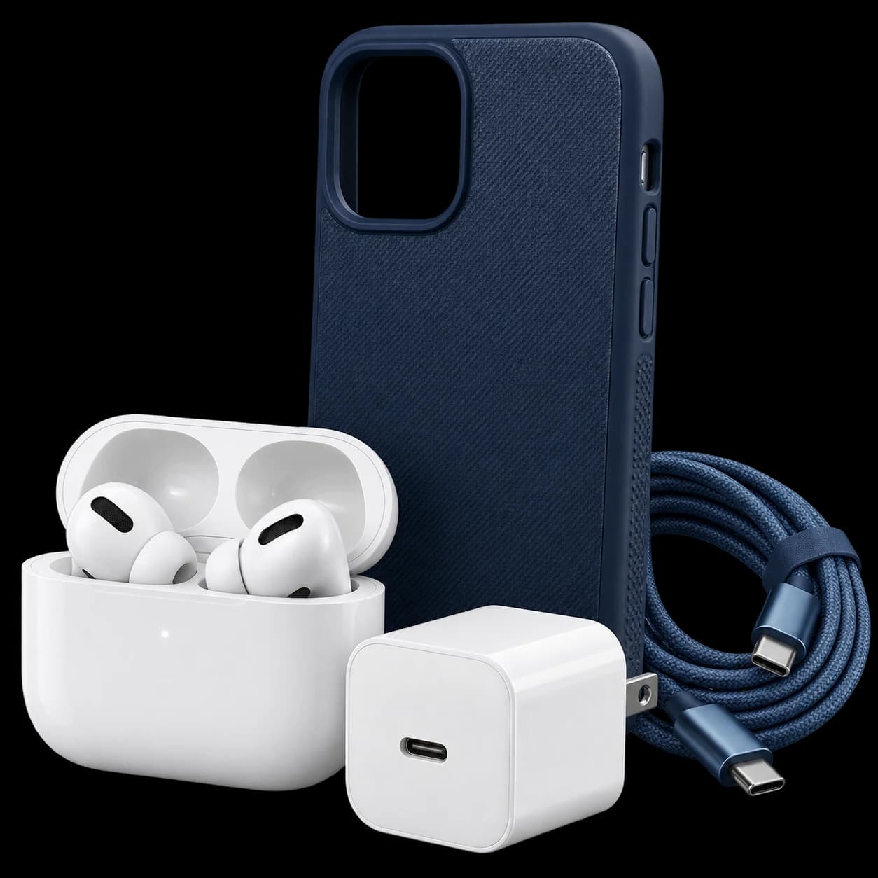 Everyday tech accessories including earbuds, a case, charger, and cable